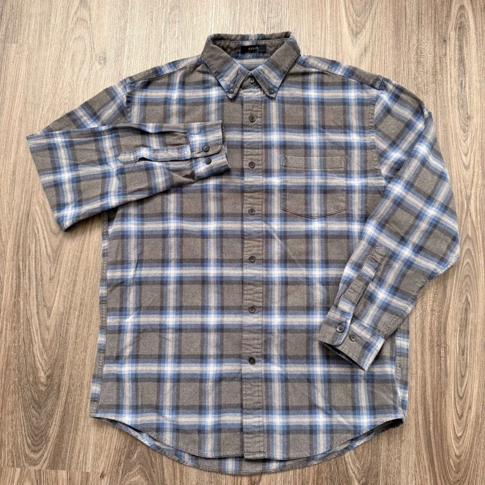 Pendleton Mason Plaid Flannel Button Down Shirt Men's Medium Gray Blue Casual - Picture 2 of 6